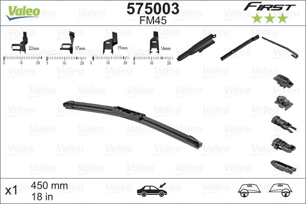 Щетка стеклоочистителя Valeo First Flat FM45 450мм (18") бескар. 5 адаптеров