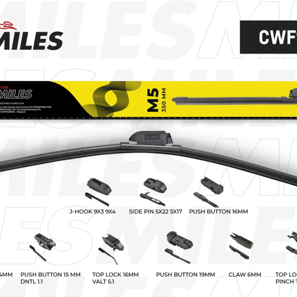 Щетка стеклоочистителя Miles CWF14M бескаркасная M5 350мм 14"9 адаптеров (Push Button 19mm)